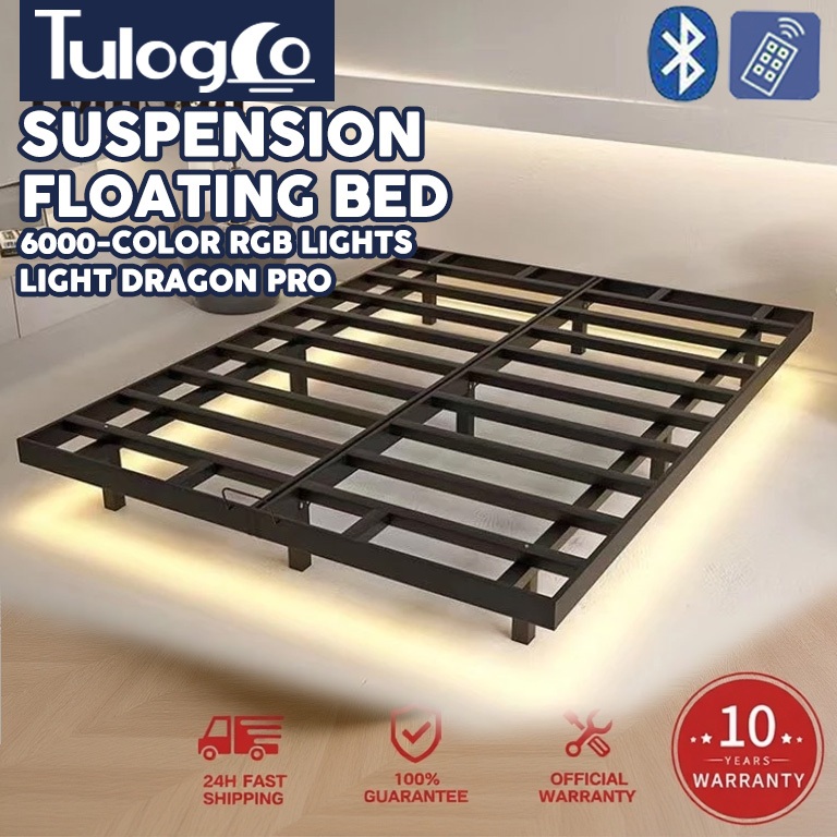 【New】Tulogco LED light Suspended bed queen size floating bedframe & High load-bearing Iron frame bed