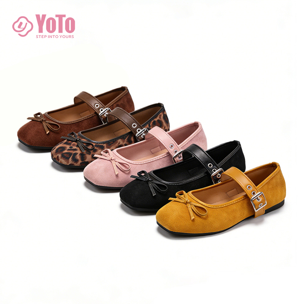 YOTO Retro Bow Flats For Women Loafers One Strap With Buckle Casual Soft Ballet Doll Shoes
