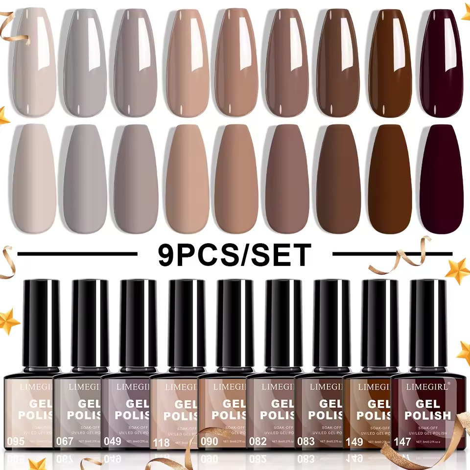 9 Pcs Nail Polish Gel Kit UV LED Soak Semi-Permanent Gel Varn Nail Polish for Beginners Nail Art