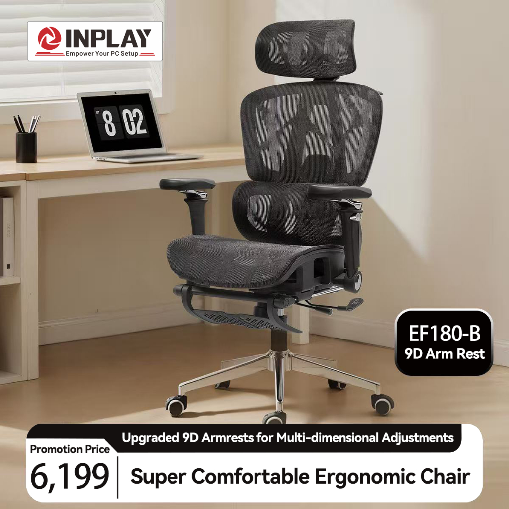 INPLAY EF100-G V2 Ergonomic Chair Adjustable Breathable Design Long Sitting Comfort With Foot Rest