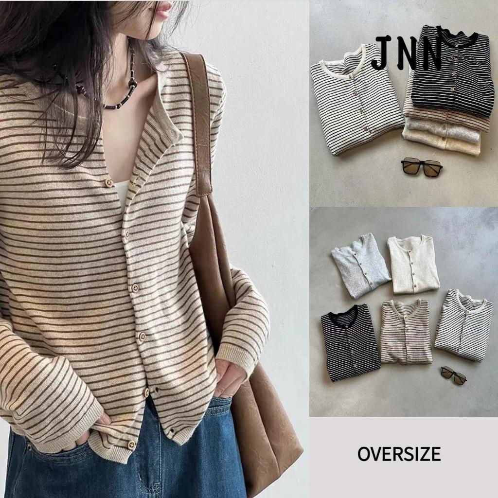 JNN Korean-Style Color-Block Striped Knit Cardigan Jacket for Women
