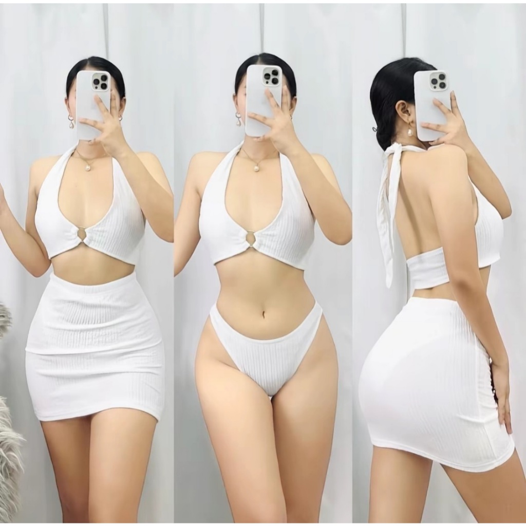 Sexy White Halter Bikini Set with Skirt – 3PCS High Waist Swimwear