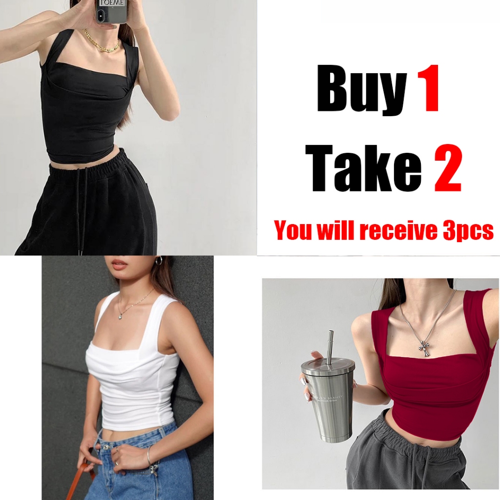 Buy 1 Take 2 (Total of 3) Designed Casual Squareneck tank Top Womenswear Basic Summer Spicy Girl Tan