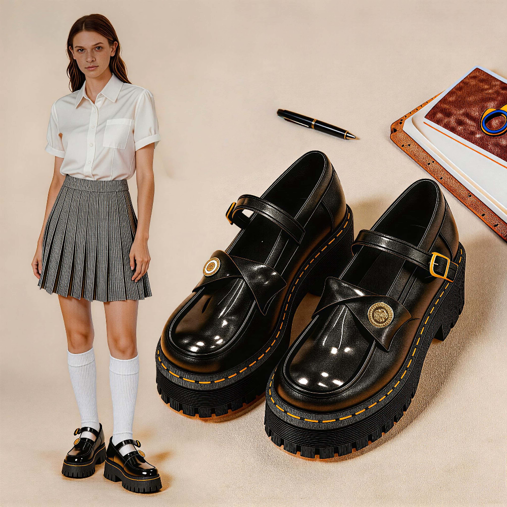 Henice Student Black Leather Shoes for Women Classic Loafers for school