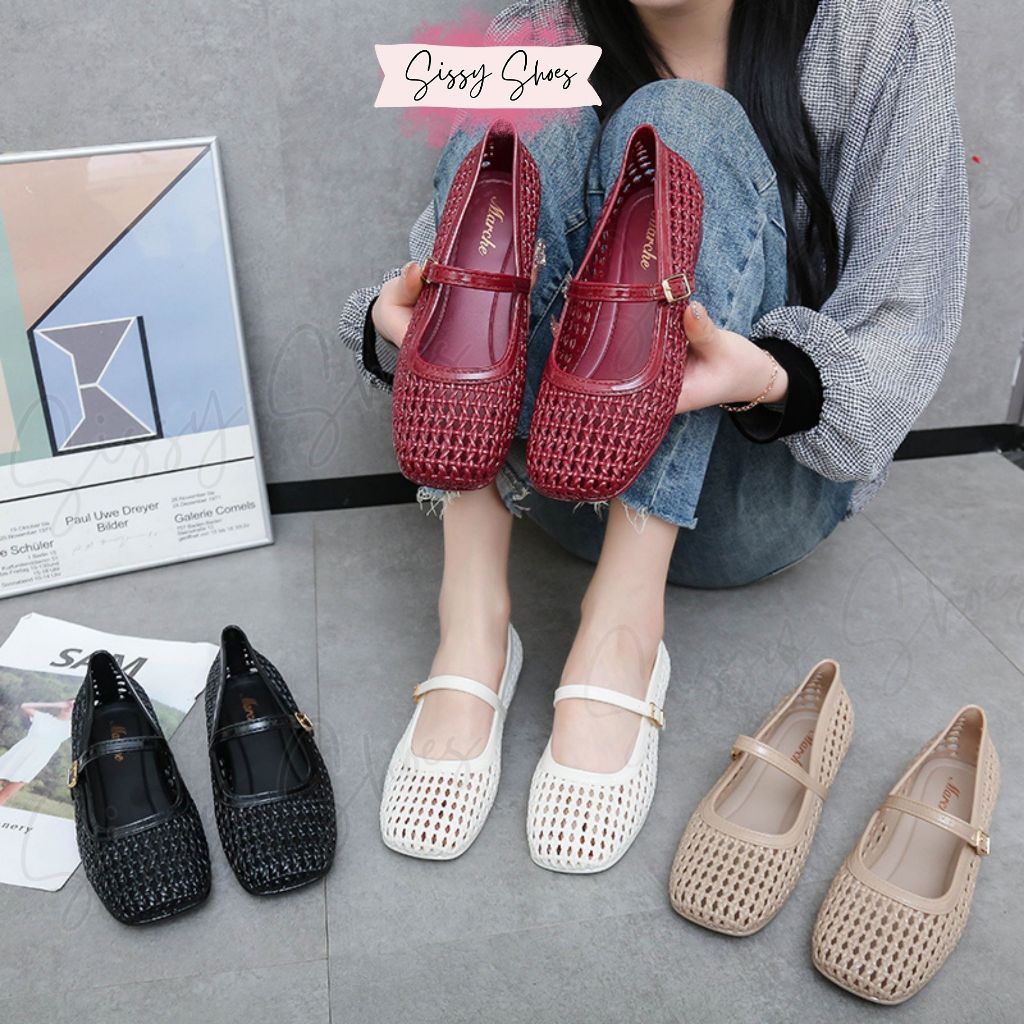Sissy Shoes Mary Jane Mesh Flat Sandals breathable Jelly Rubber Shoes For Womens Footwear