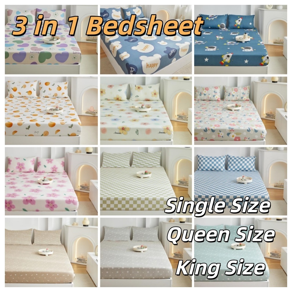 3 in 1 Bedsheet (With Pillow case) Single bedsheet Double Size Bedsheet Queen Size Bedsheet Set