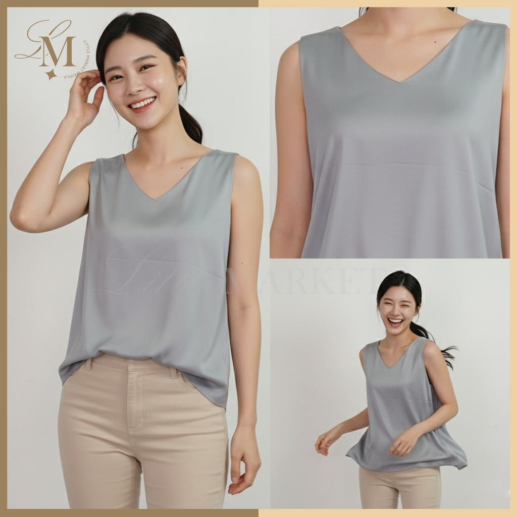 LittleMarket Sleeveless Camisole Satin Silk Look Sleeveless V-Neck Camisole Tops for Women (B064)