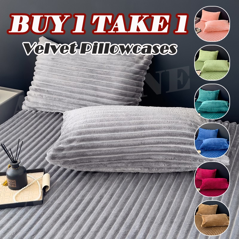 Alshone Buy 1 Take 1 Pillowcase Plain Velvet Pillowcases Skin-Friendly Soft Pillow Cover Wide Stripe