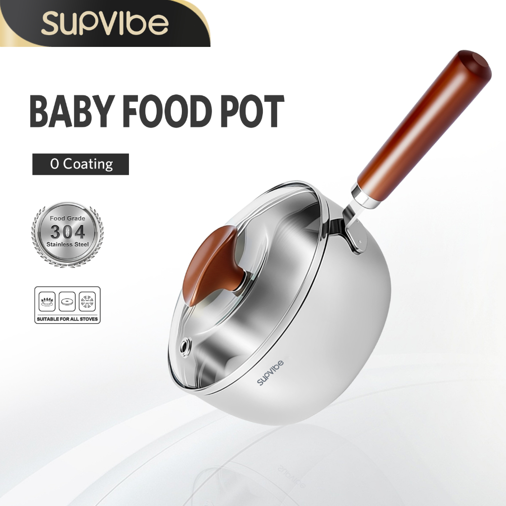 SUPVIBE 16CM Uncoated 304 Stainless Steel Milk Pan Sauce Pan With Lid Suitable for All Stoves