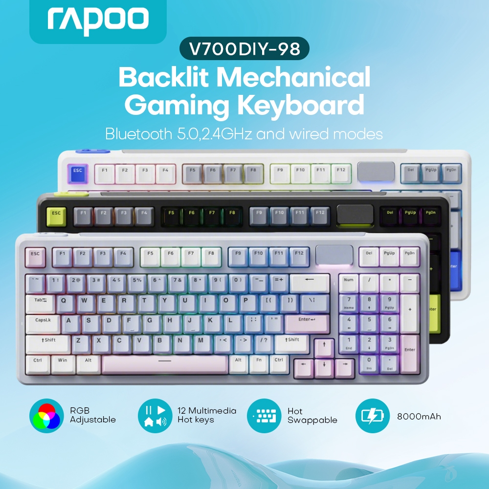 RAPOO V700-DIY98 Keyboard 98Key RGB Wired/Bluetooth 2.4G/Gasket Structure Hot-swap Gaming Keyboard