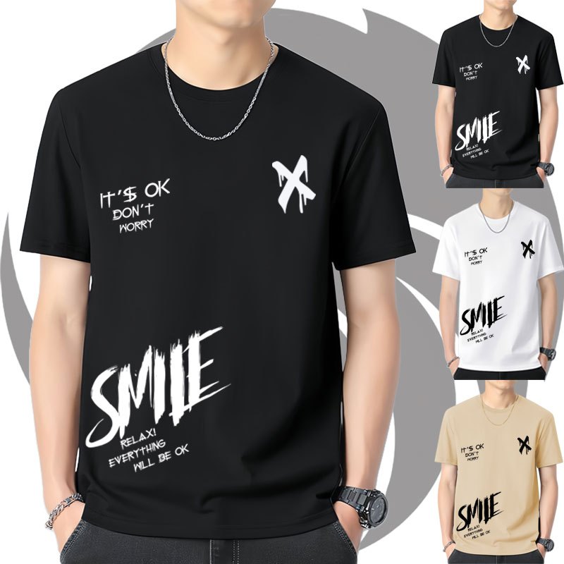 [BUY 1 GET 1] Active-Smooth Casual short-sleeved crewneck printed T-shirt for men Black White Khaki