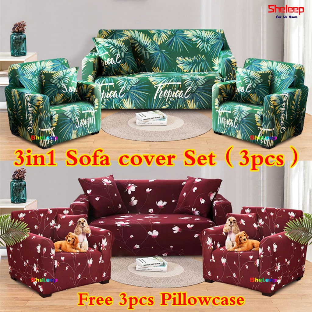 Sheleep Stretchable Sofa Cover Set Of 2pcs Single And 1pc 3 Seater Free Pillowcase (3pcs)