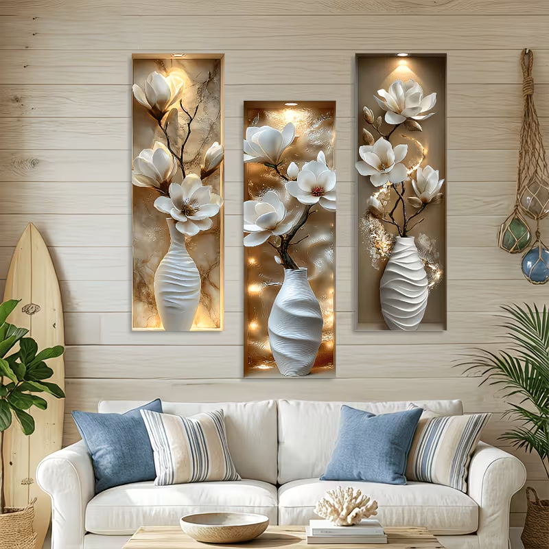3PCS Wall Decoration White Vase Gold Sphere Leaves Art Wall Decor Display Decorative Painting
