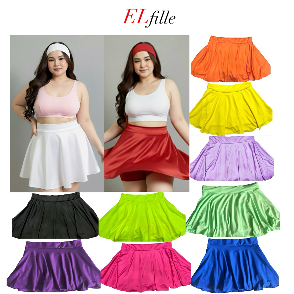 ELfille - PLUS SIZE skater pleated skirt w short zumba korean tennis skorts costume dance flowy silk