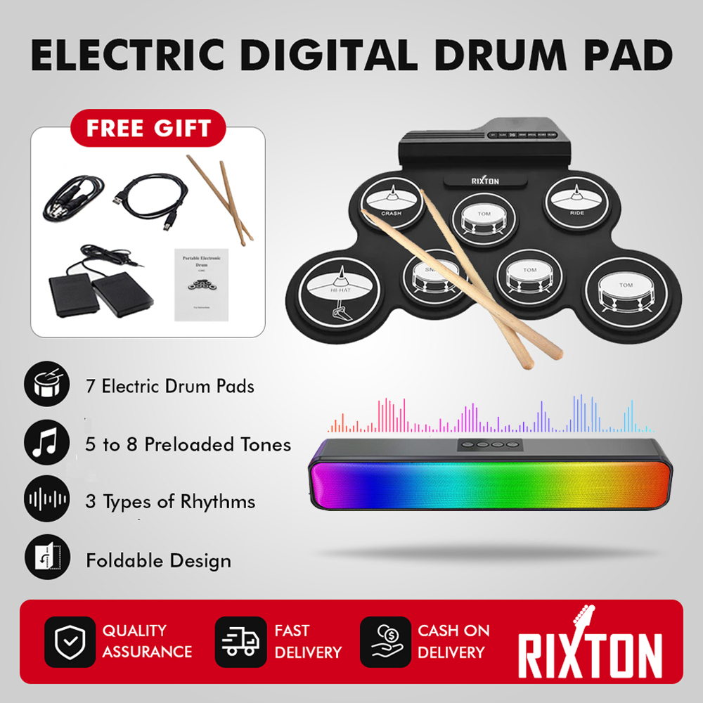 RIXTON Electric Digital Drum Set With Drumsticks and Sustain Foot Pedal Silicone Electric Drum 7 Pad