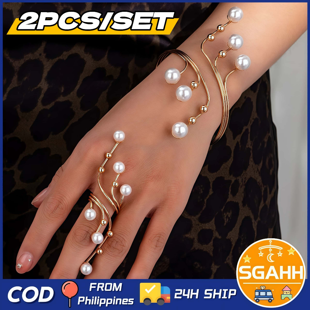 2PCS Women Irregular Geometric Pearl Bracelet And Ring Set Creative Unique Gold Jewelry Accessories
