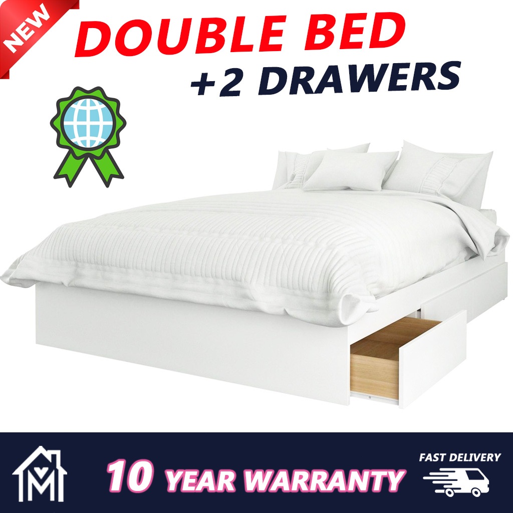 ISTER Wooden Double Bed Frame - Full White Bedframe Comes with 2 drawers set 48X75 inch