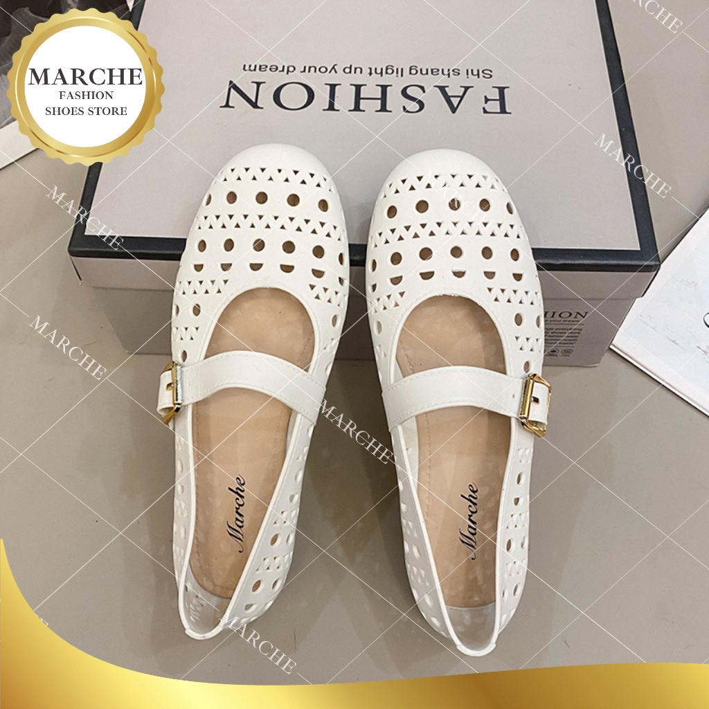 Marche Mary Jane's Mule Cut Out Design Comfy Flat Rubber With Buckle Embelish Sandals For Women
