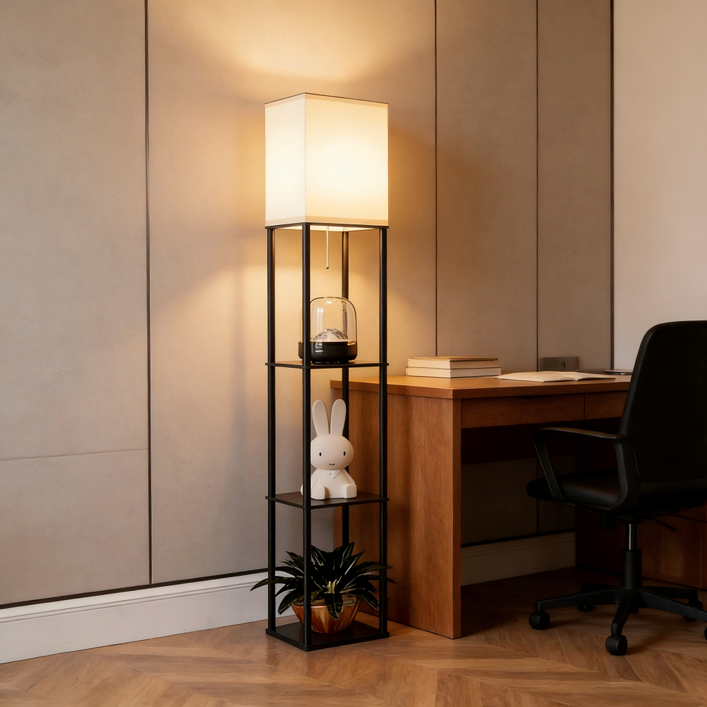 Floor Lamp with Shelves, Modern Standing Shelf Lamp with 3 CCT LED Bulb and White Shade
