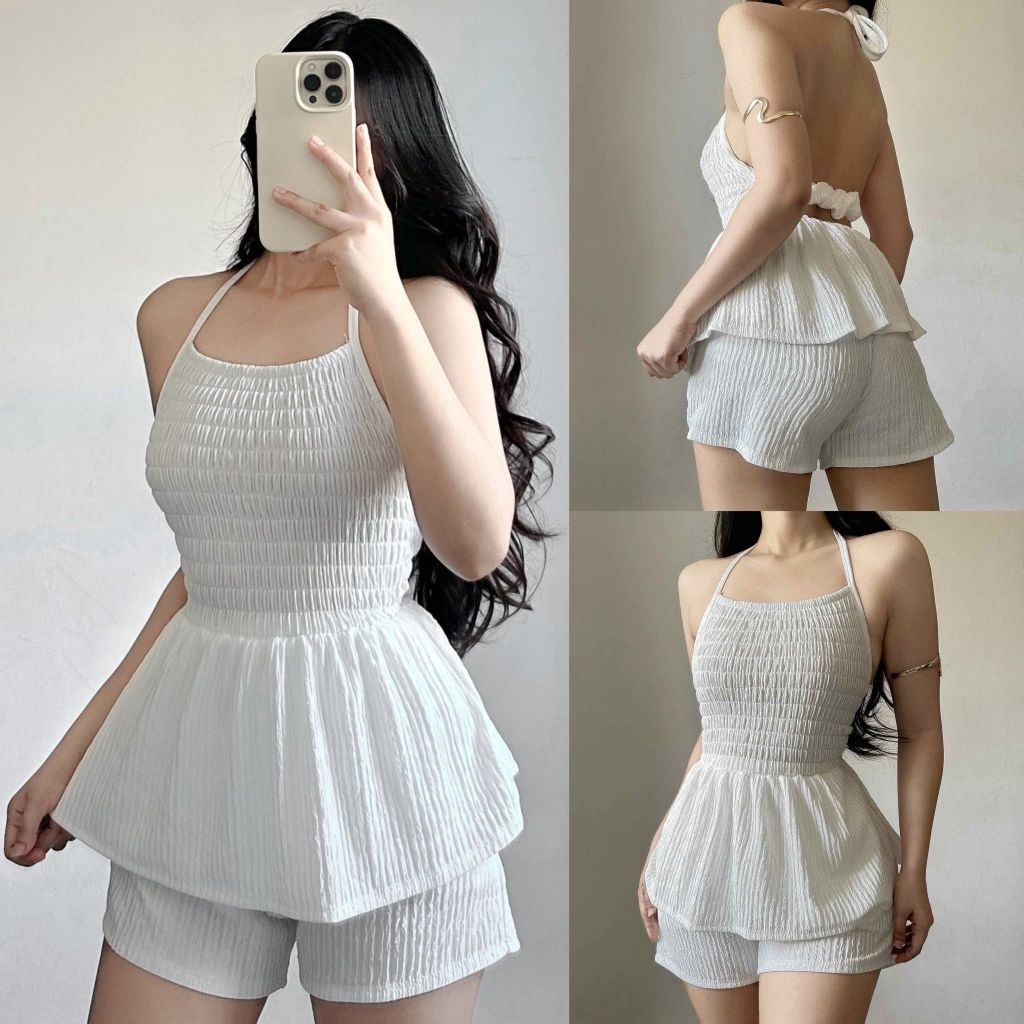XC QUEENIE COORDS Backless Halter Top and Shorts Set in Stretchy Bark Crepe Fabric