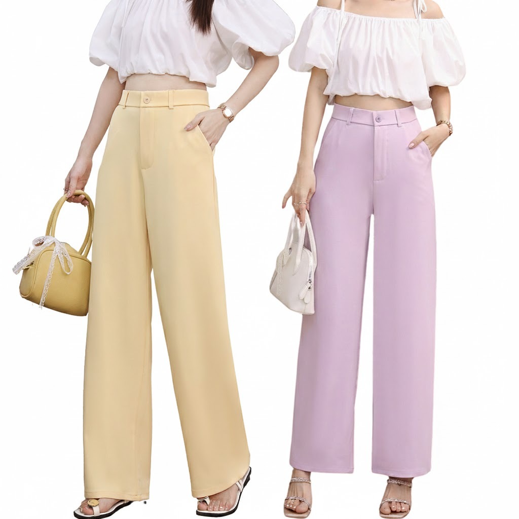 Hello Moderne Thick Fabric Trouser Pants Non Garter Waist Band Wide Leg For Tall Girlies Chic HM230