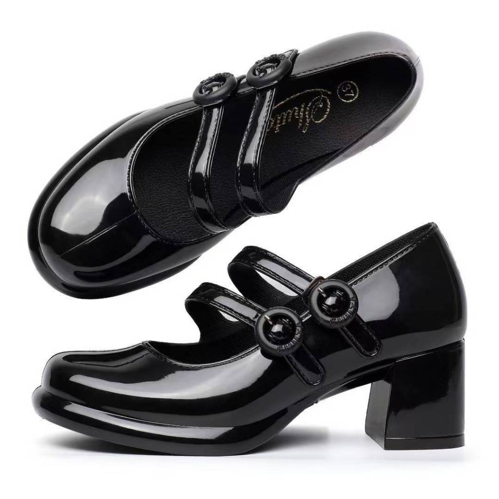 SHUTA High-Heels Glossy Black Shoes 2-inch Double-slip School shoes Fashion Non-slip Office Shoes