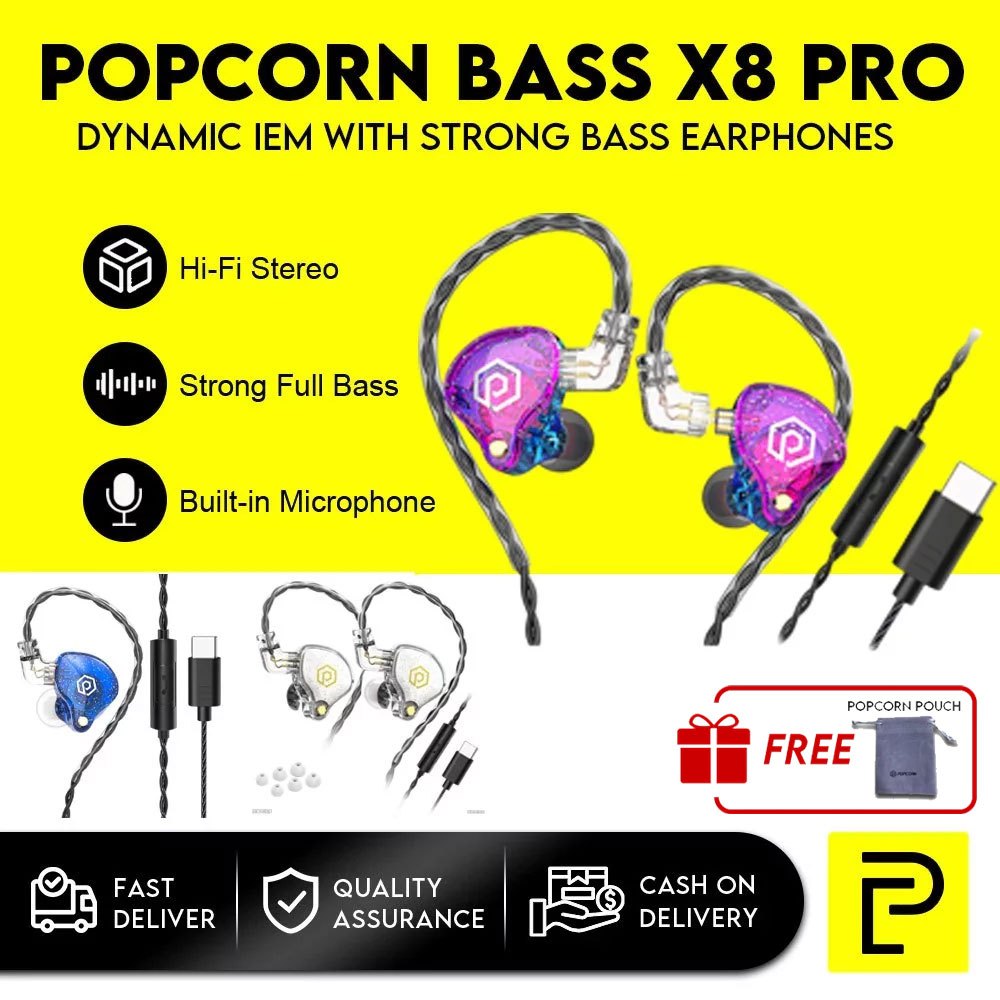 Popcorn Bass X8 Pro Type C Earphones Dynamic Earphones Hi Fi Bass In-Ear Removable Mic Earphone