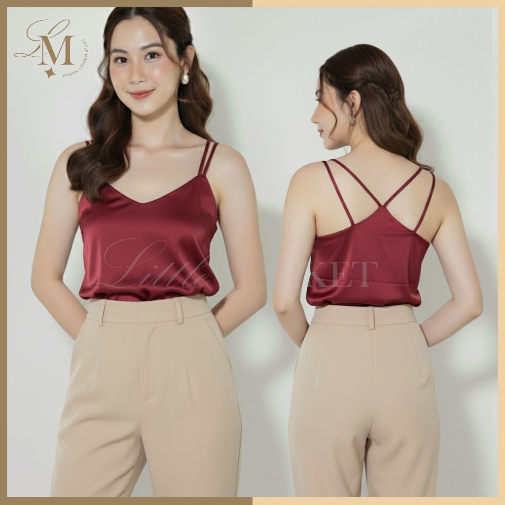 LittleMarket Double 2-strap Criss-Cross Back Sleeveless V-Neck Satin Look Cami (B035)