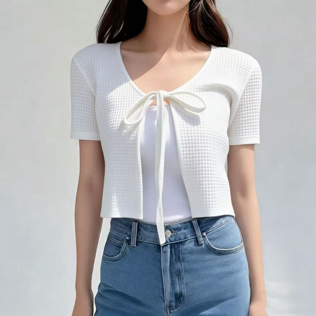 Buy 1 Take 1--Angelcity Cardigan For Women Short Sleeve Waffle Tela Semi Crop Top Korean Fashion