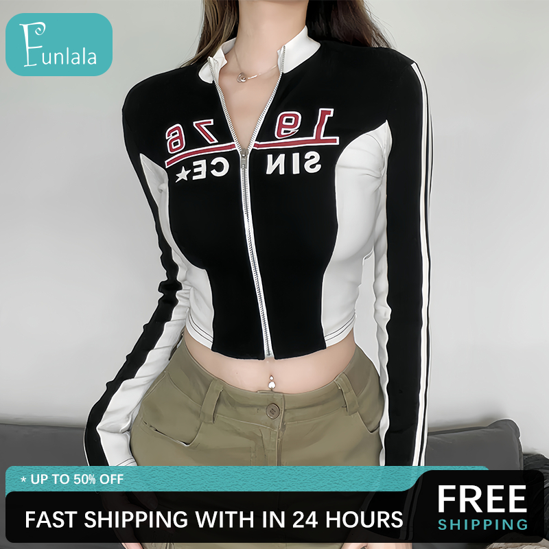 FUNLALA American Retro Motorcycle Style Letter Printed Zipper Jacket Women's Sexy Cropped Top Coat