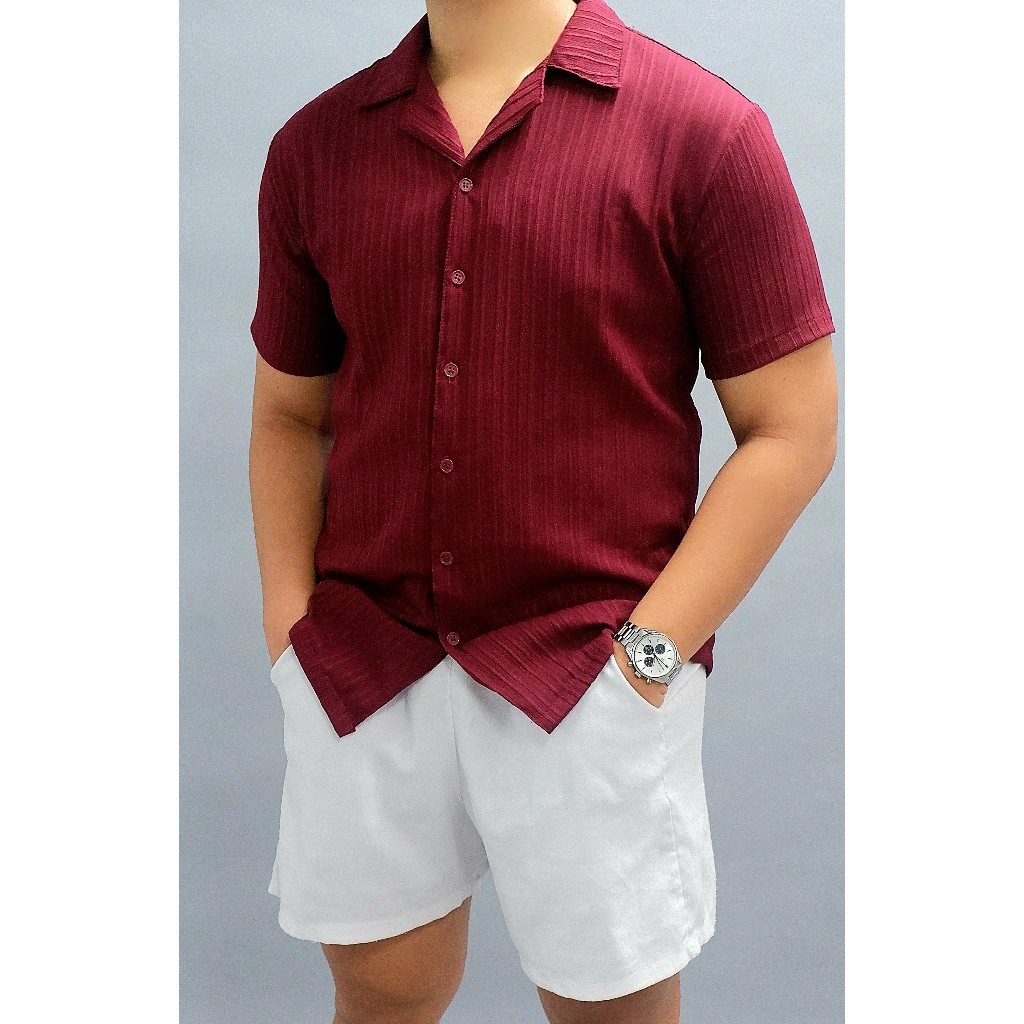 Houseofstyle | GEO TEXTURED LINE PLAIN CUBAN button down polo Classic Menswear Soft Men's premium