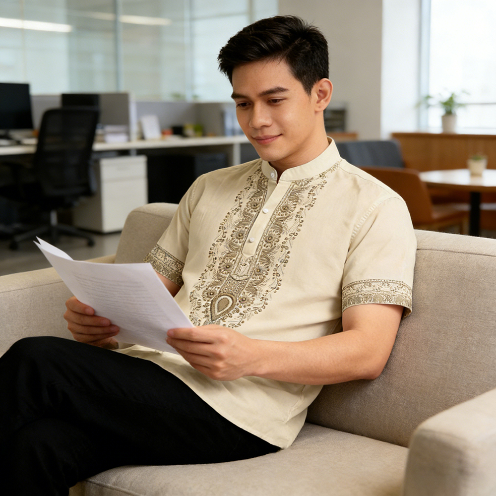 Barong Tagalog Men's Full Sublimation Short Sleeve Henley Shirt Summer Stand Collar Formal Tops S-XL
