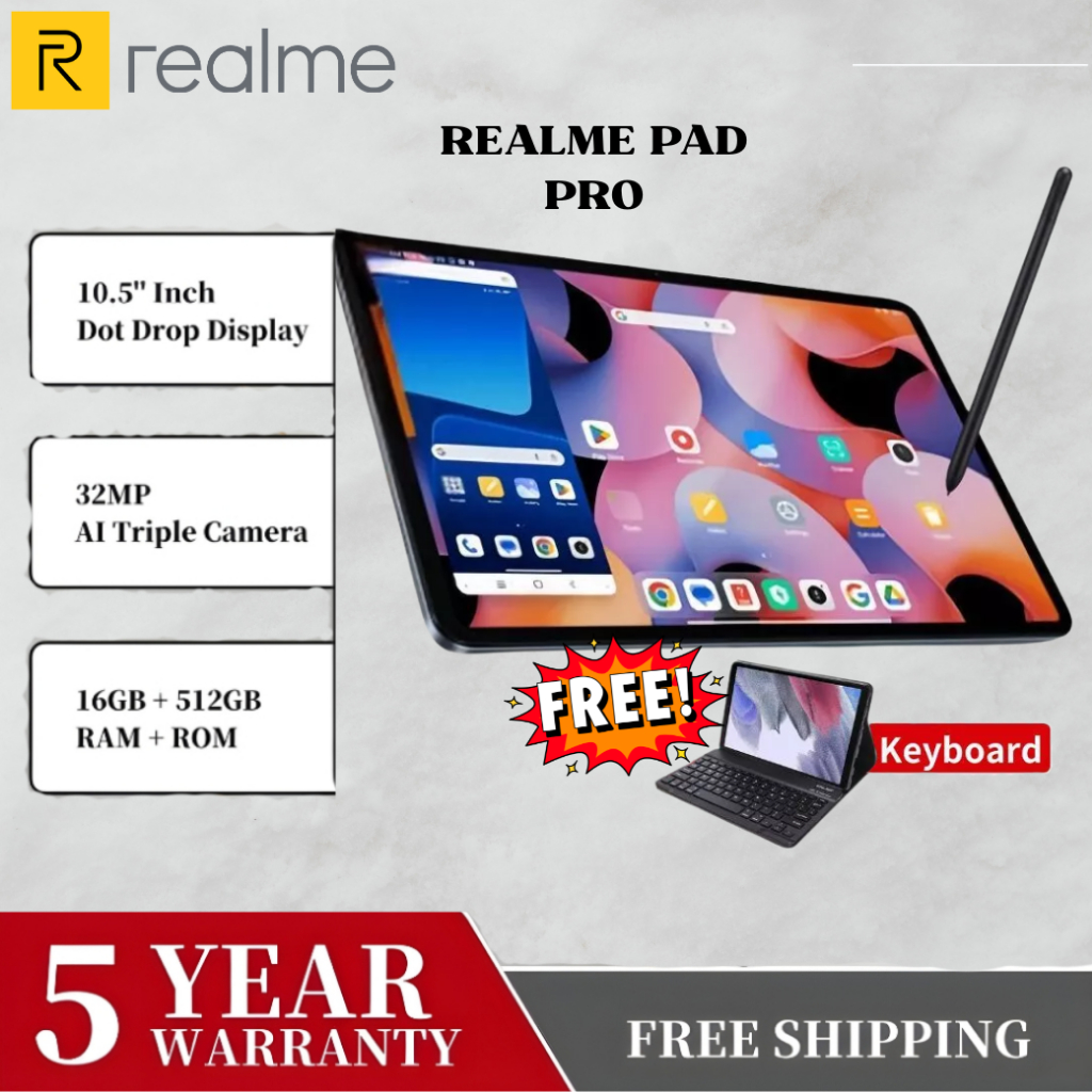 𝐑𝐞𝐚𝐥𝐦𝐞 PAD PRO Tablet 16GB RAM+512GB ROM 10.5 Inch Android Tablet With Keyboard 4G LTE Dual SIM Card