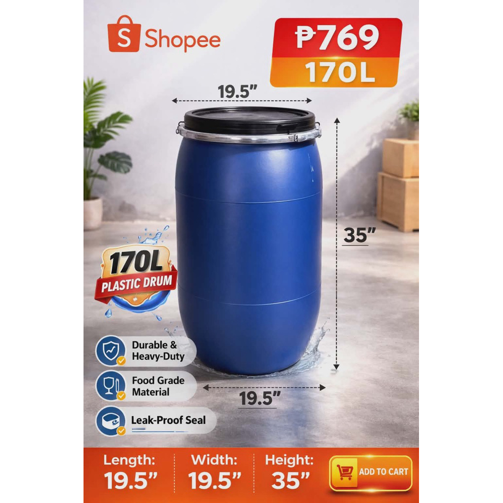 170L PLASTIC DRUM WATER STORAGE HEAVY DUTY (USE)