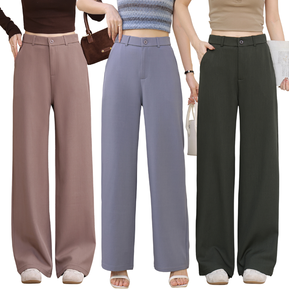 Non-Garter Wide-Leg High Waist Trouser Pants 25–32 #230 Thick Waistband | 12 Pastel Colors