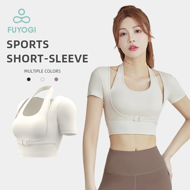 FUYOGI Fake Two-Piece Short-Sleeve Top High Strength Support Sports Fitness T-Shirt with Bra Pad