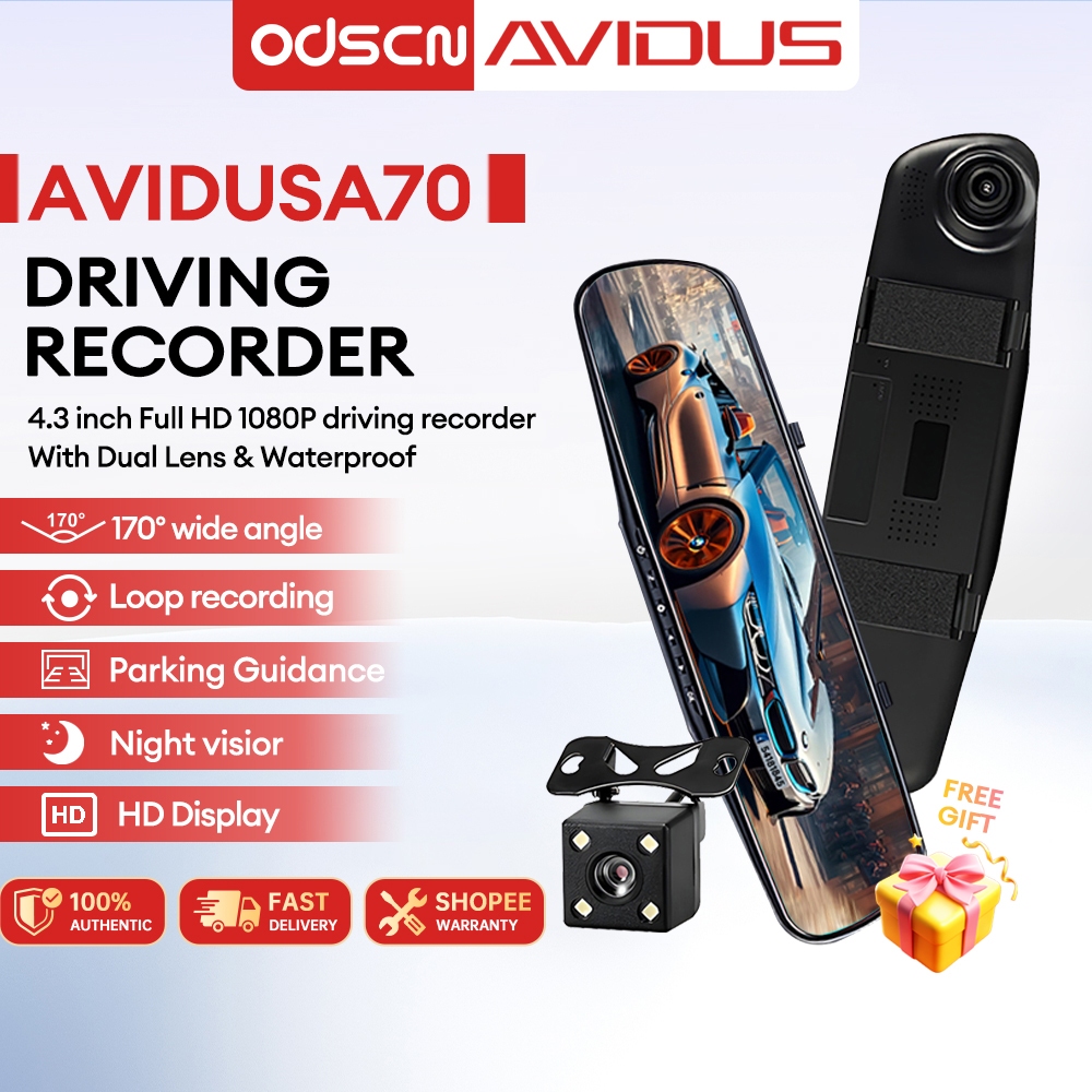 ODSCN Full HD 1080P Video Camera w/ Dual Lens for Vehicles Front & Rearview Mirror Car DVR Dash Cam