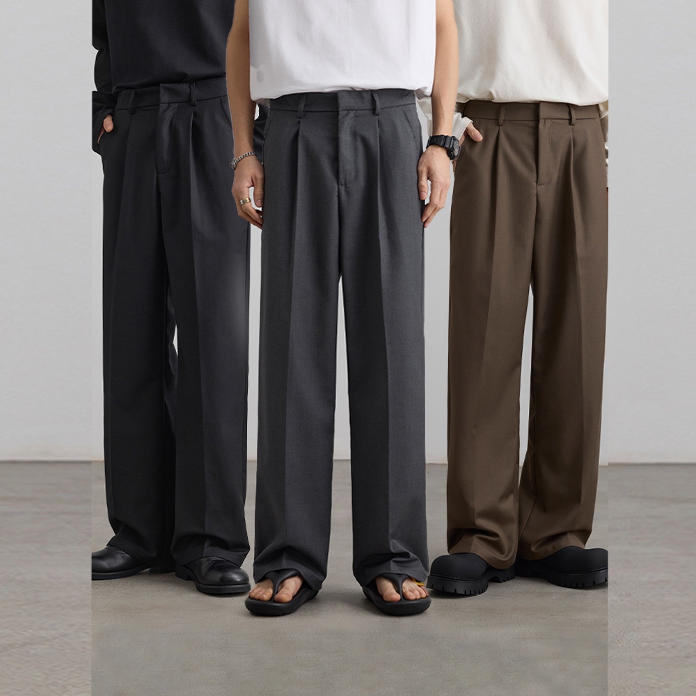 Korean Wide Leg Suit Pants For Men Straight Plain Cut Loose Trousers 4 Colors