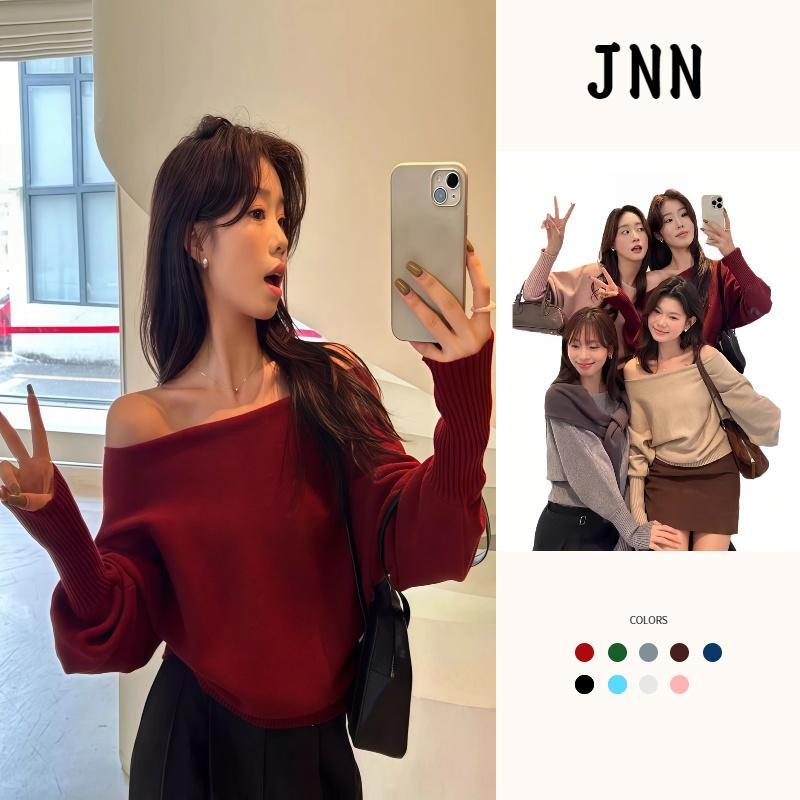 JNN Korean Style Pink Off-Shoulder Knit Top for Sweet Girls