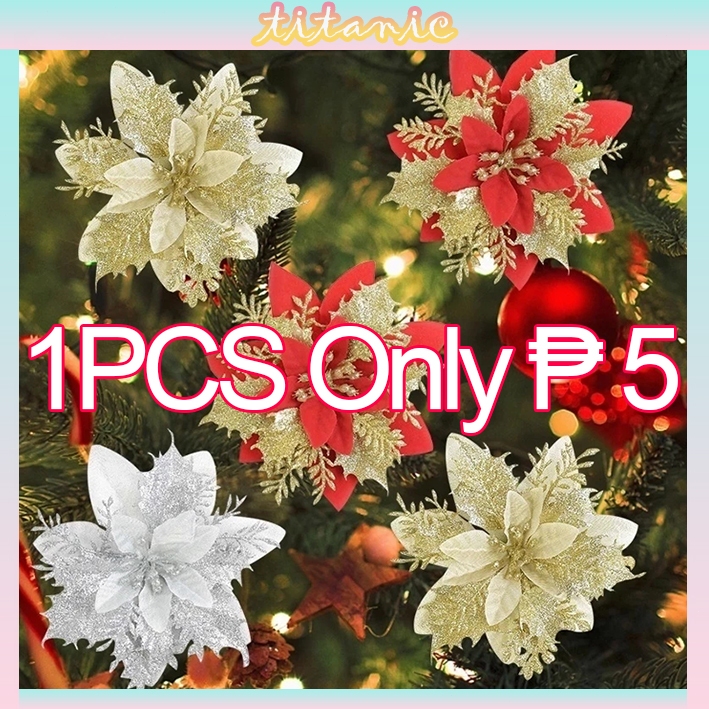 Christmas tree decor Christmas Flowers Glitter Poinsettia Artificial Wedding New Year Ornaments