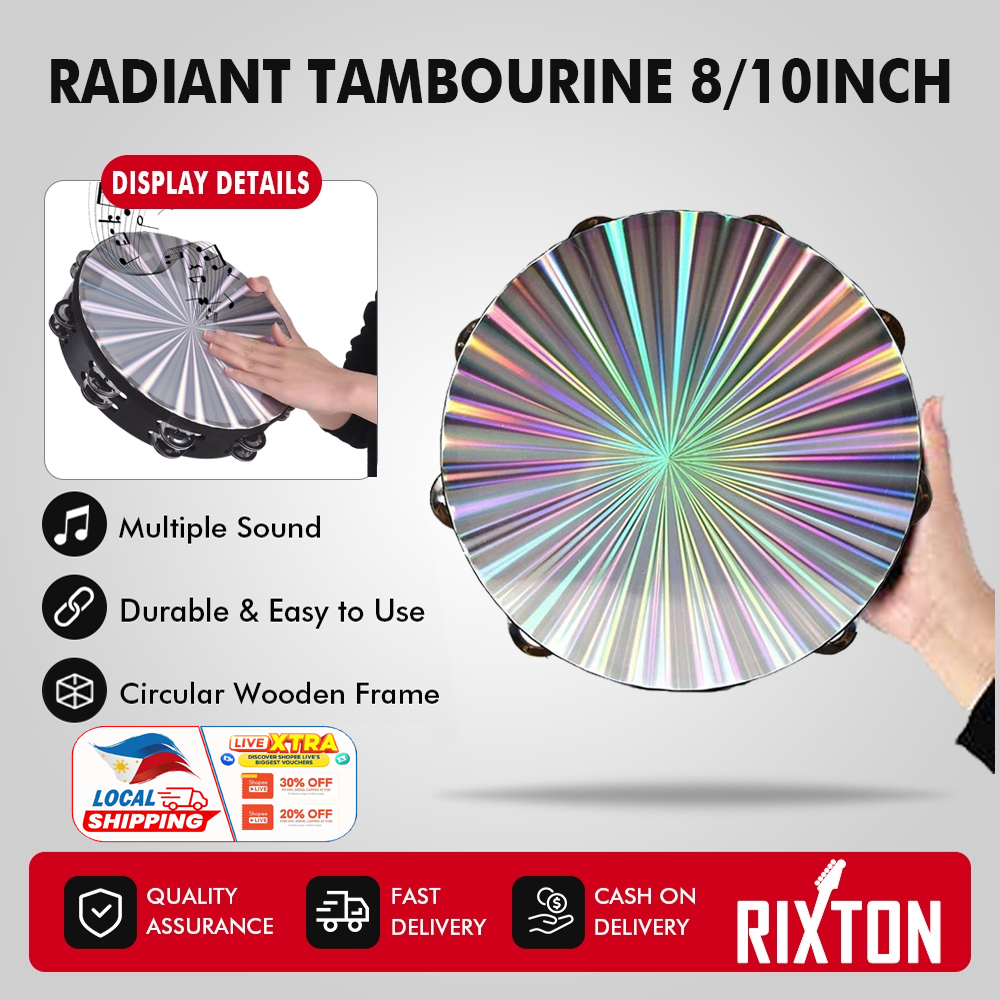RIXTON 8/10 Inch Wooden Radiant Tambourine Hand Drum with Double Row Jingles Reflective Drum Head
