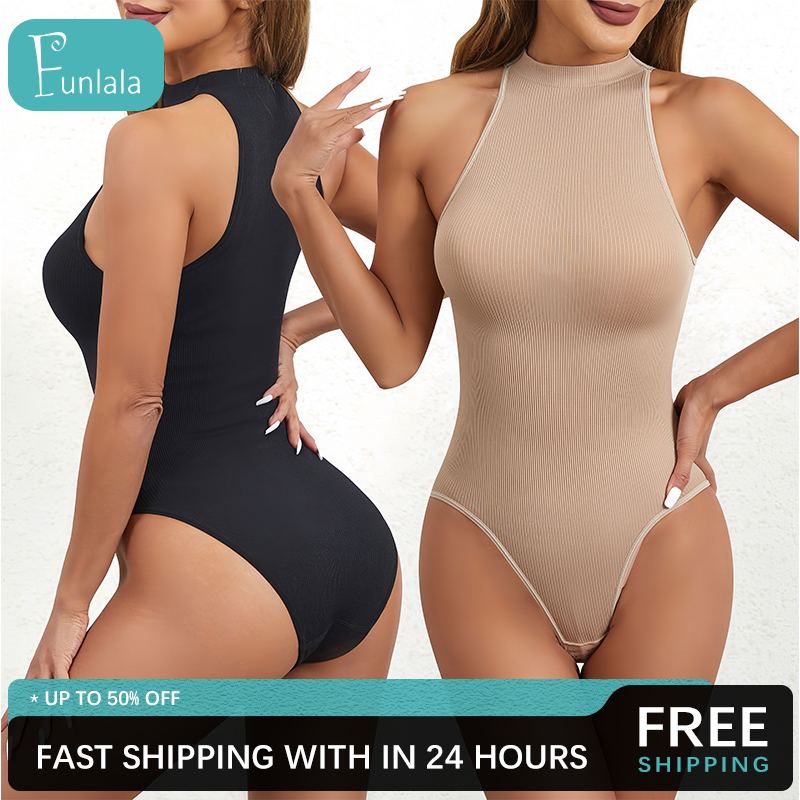 FUNLALA Tank Top Body Suits Women Sexy Crew Neck Racerback Halter Ribbed Sleeveless Bodysuit for Wom