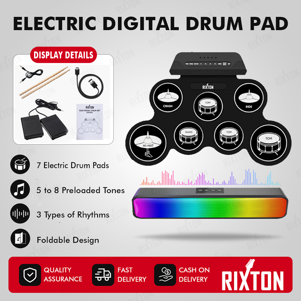 RIXTON Portable Electric Drum Pad Digital Drum Silicone With Drumsticks and Sustain Foot Pedal