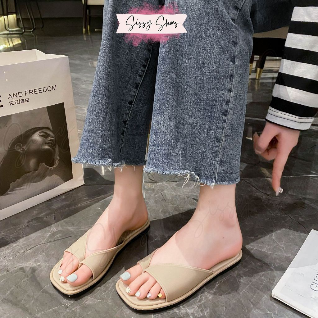 Sissy Casual Flat Slipper Square Toe Comportable Korean Style Flipflop Walking Slipper(+1UPSIZE BIG)
