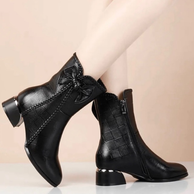 #719 New Fashionable Leather Braid Bow Thick Heel Pointed Toe Zipper Ankle Boots (1.5 INCH) inch