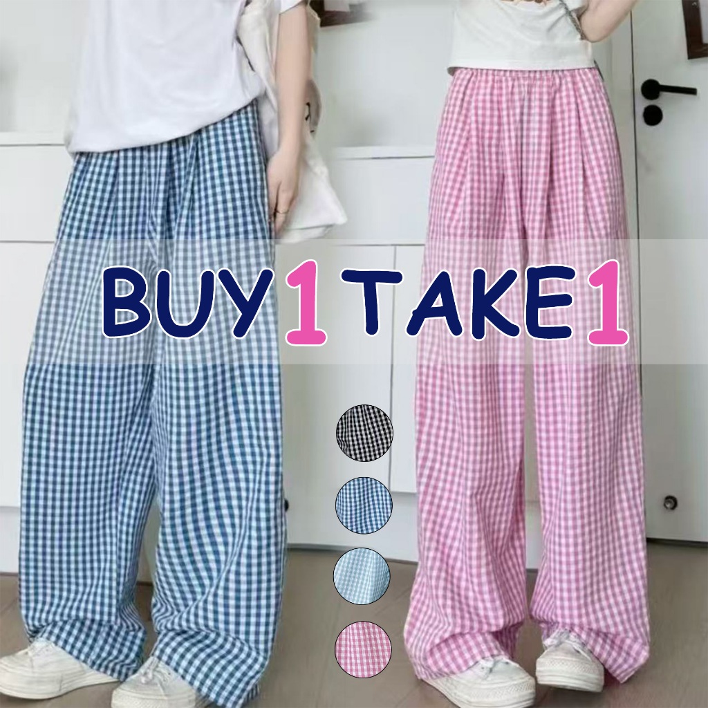 【BUY 1TAKE 1】 Stylish Korean Plaid Wide Leg Pants for Women Loose Fit Casual Trousers