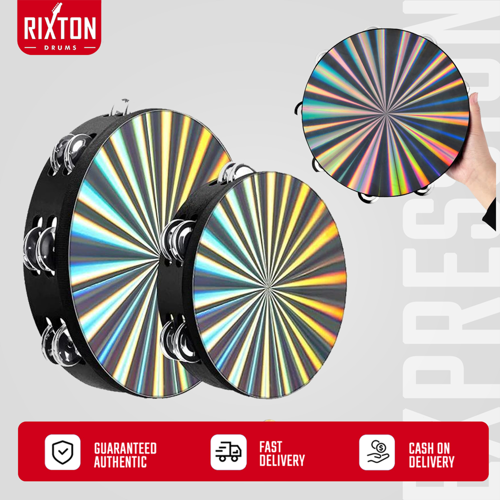 RIXTON 8inch/10inch Wooden Radiant Tambourine Hand Drum with Double Row Jingles Reflective Drum Pad