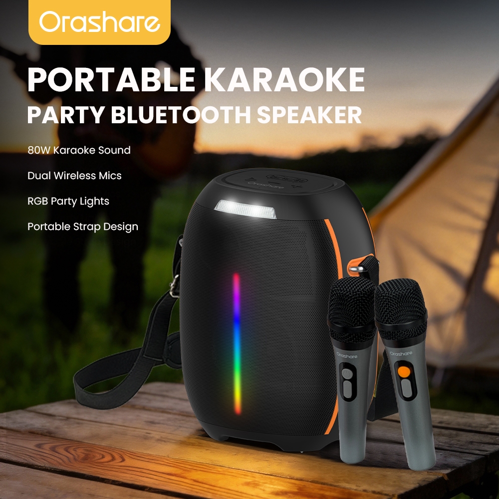 Orashare BSH04 80W Karaoke Bluetooth Speaker with 2 Wireless Mics RGB Lights Portable Party Speaker