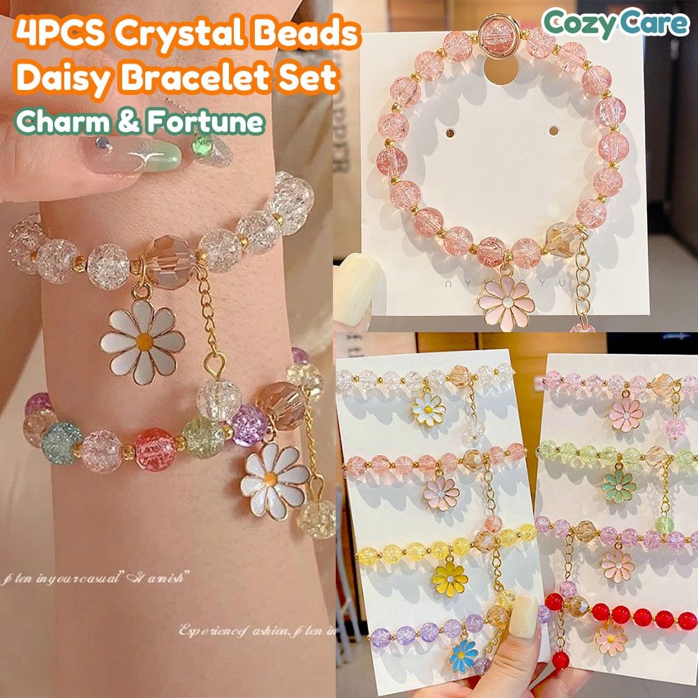 4PCS Charm Crystal Beads Daisy Bracelet for Women Girls Wrist Chain Bangle Jewelry for Birthday Gift
