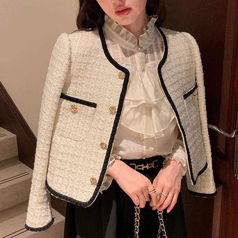 white long sleeve tweed blazer for woman formal elegant french coat jacket for women Korean style xs